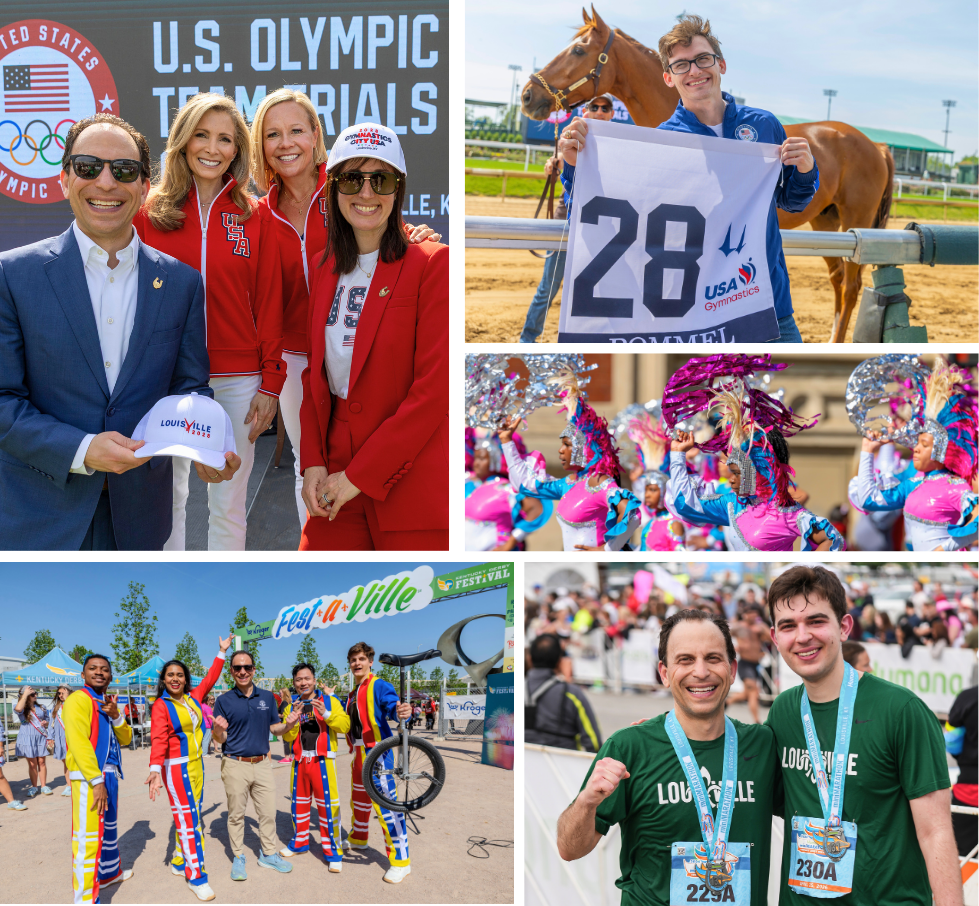A collage of photos of runners, workers, elected officials, and community members at events