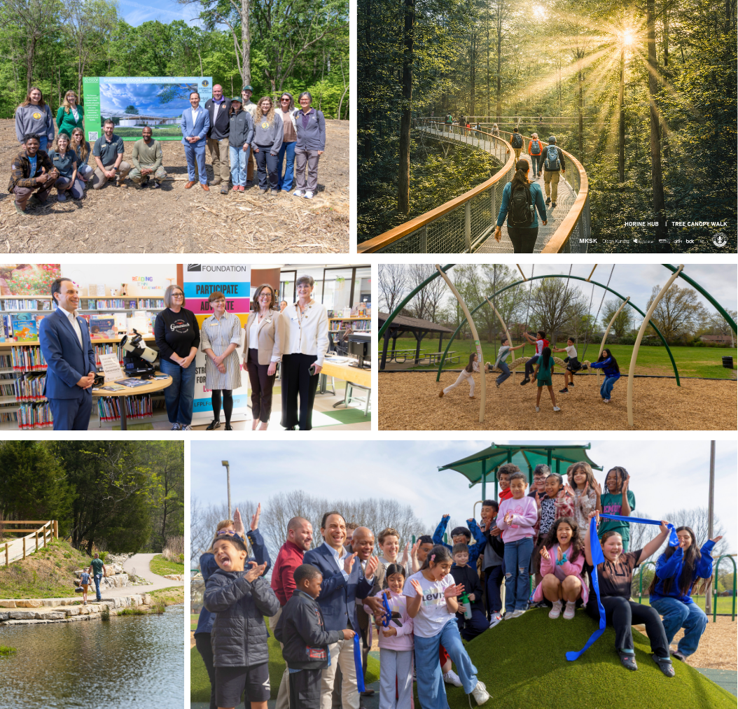 A collage of photos of parks, kids, workers, elected officials, and community members