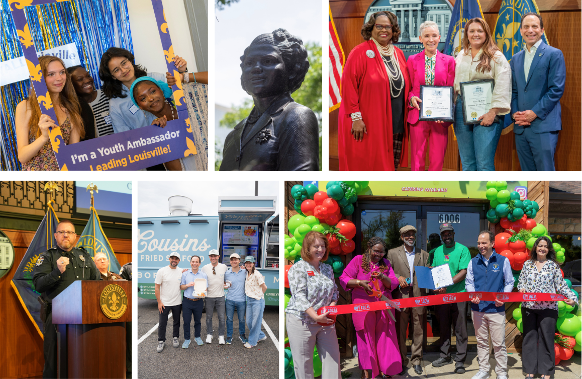 A collage of photos of teens, a statue, elected officials, public safety officials, and community members
