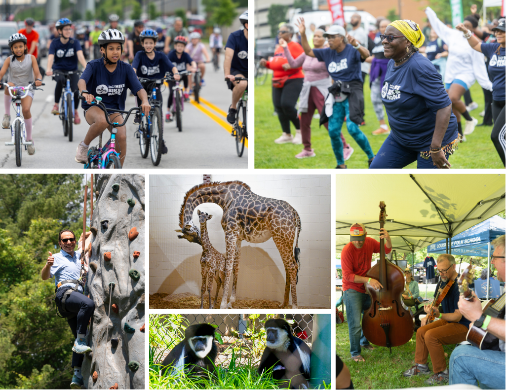 Newsletter images - A collage of photos of kids on bikes, people exercising, musicians, zoo animals, elected officials, and community members