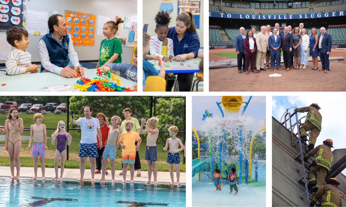 A collage of photos of kids, childcare workers, first responders, elected officials, and community members