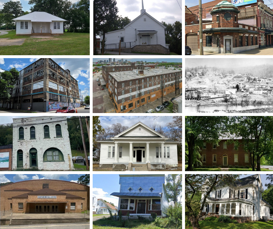 a photo collage of the 12 draft National Register nominations 