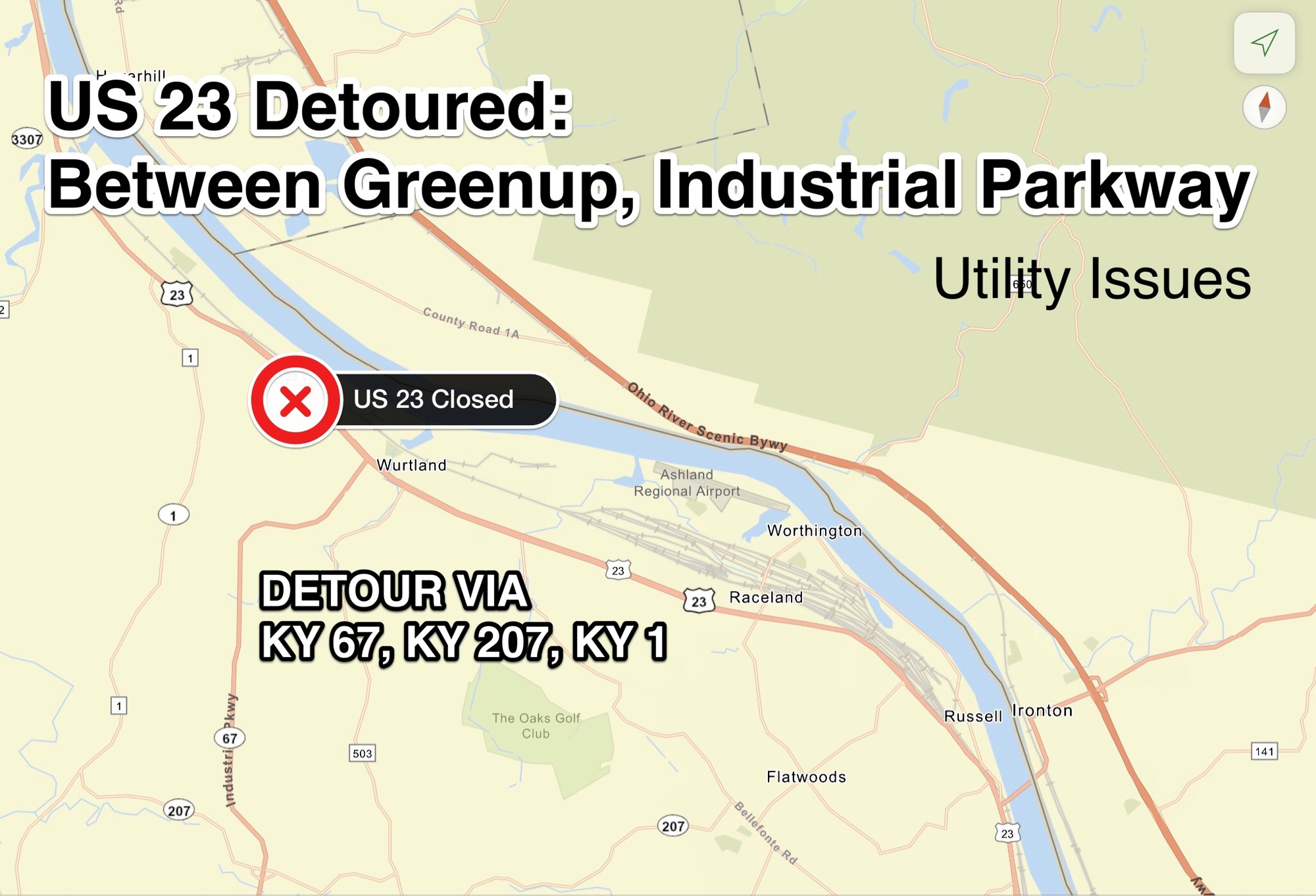 TRAFFIC ADVISORY US 23 Closed, Detoured Between Greenup and Industrial