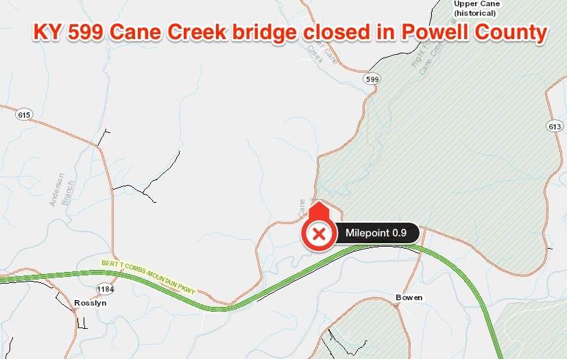 KY 599 Cane Creek bridge closure map
