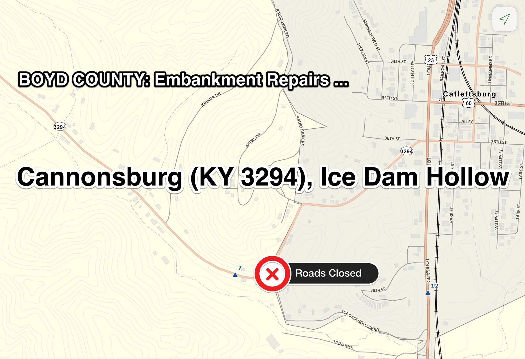 Repairs to Close Cannonsburg Road (KY 3294), Ice Dam Hollow Road in