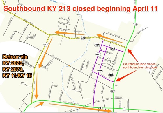 KY 213 southbound detour map