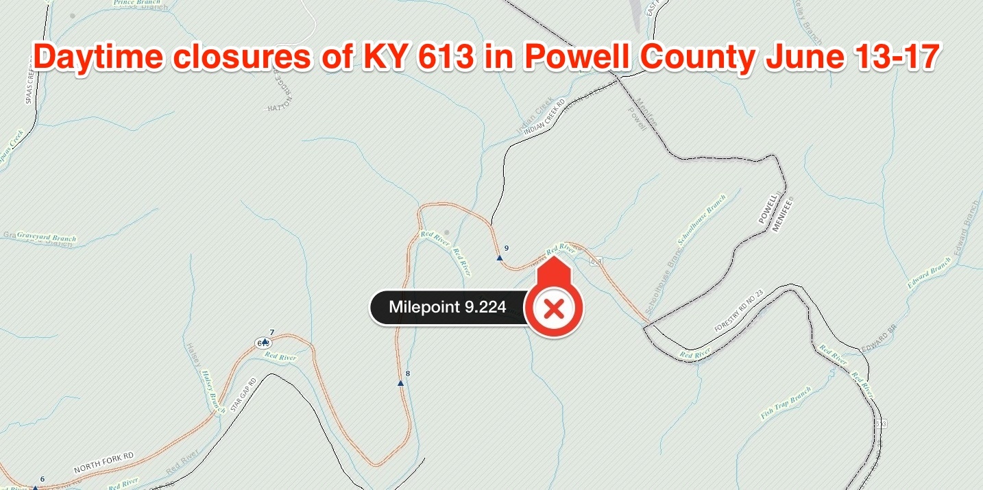 Daytime closures of KY 613 in Powell County June 1317