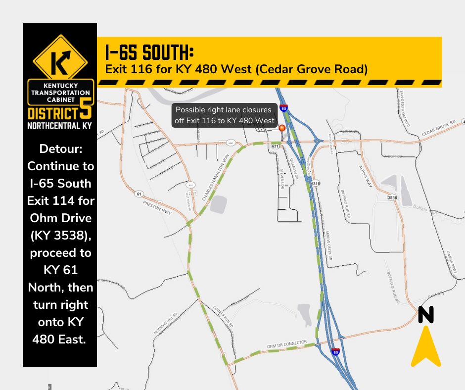 Partial Ramp Closure on I-65 South Set for Bullitt County with Detour