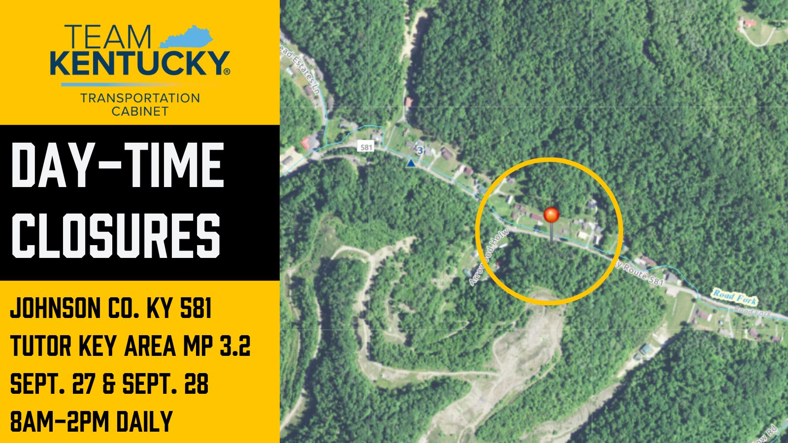 Day Time Closures Scheduled for KY 581 Johnson County