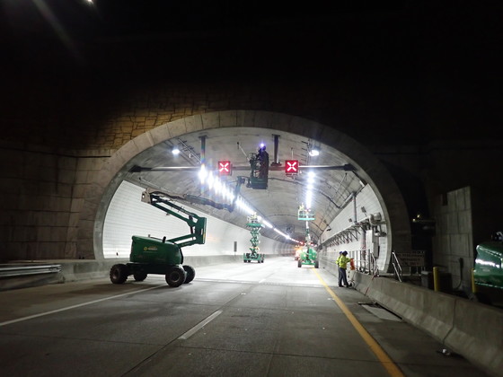 Engineers from the Kentucky Transportation Cabinet and consulting firm HDR inspect the East End Tunnel in October 2020.