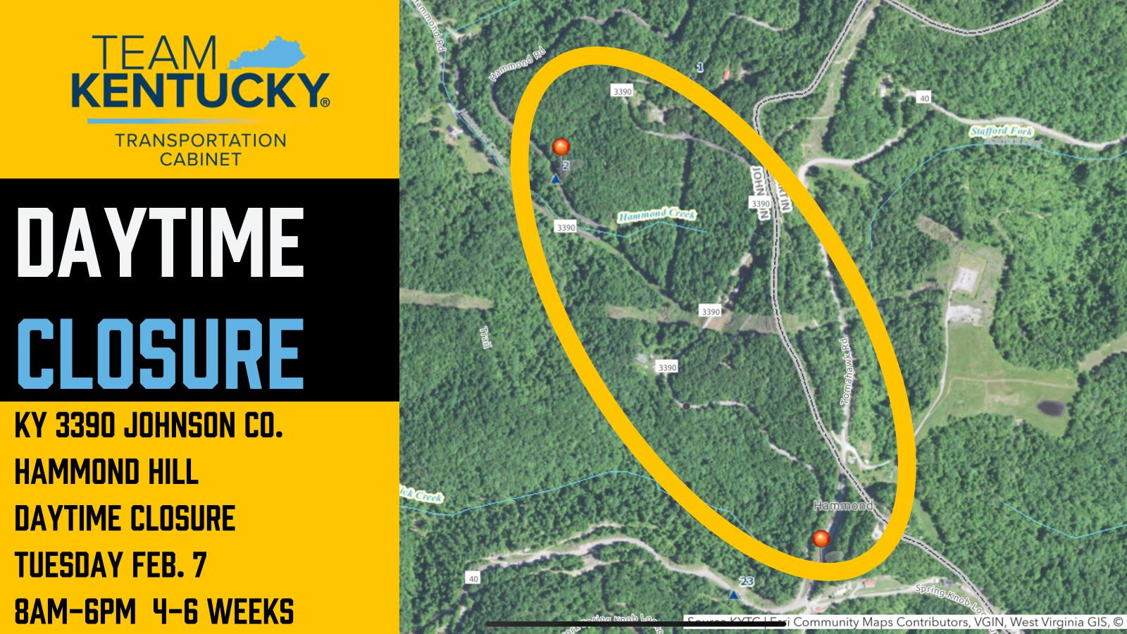 Daytime Closure scheduled for KY 3390 in Johnson County