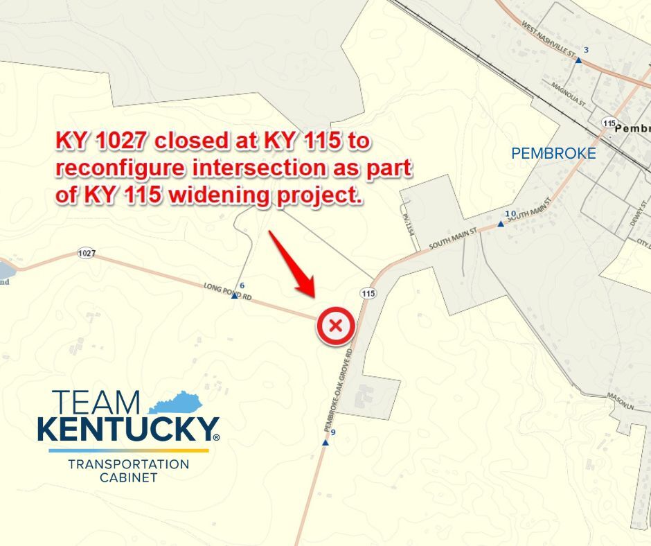 KY 1027 closed at KY 115 to reconfigure intersection.