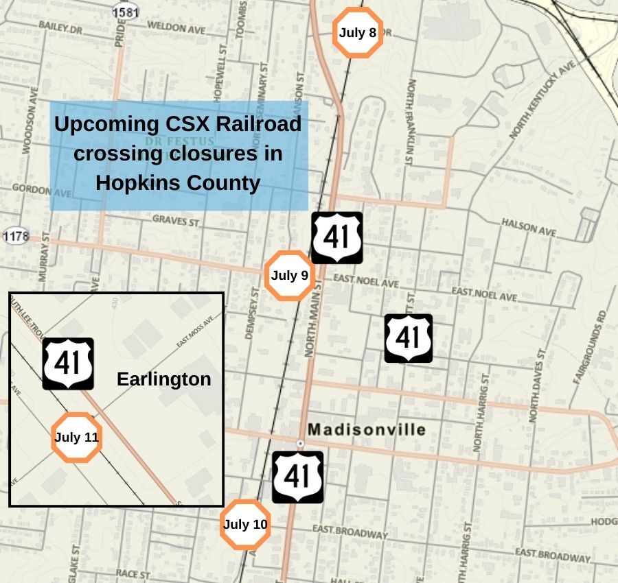 CSX Railroad Closures planned in Christian and Hopkins counties.