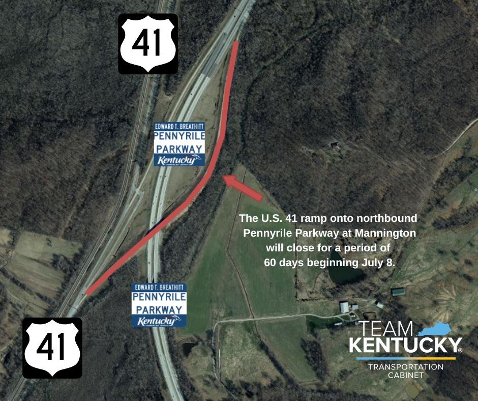 US 41 ramp to Pennyrile Parkway at Mannington to close for 60 days.