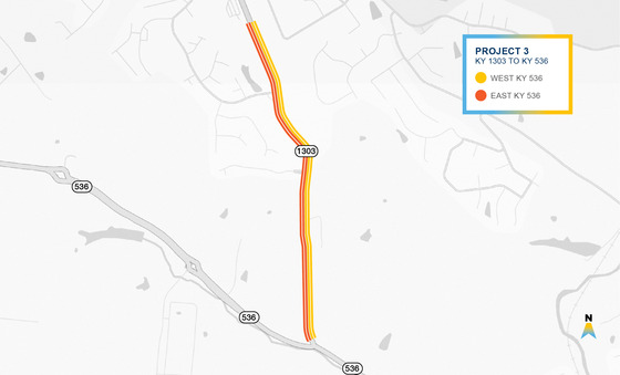 Map of KY 1303 widening from KY 536 extending to Beechgrove Elementary