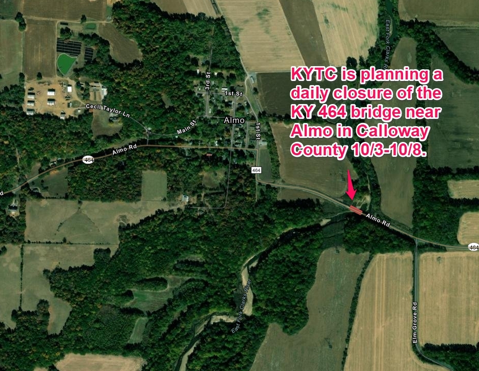 Daytime bridge closure on Almo Road 10/3-8