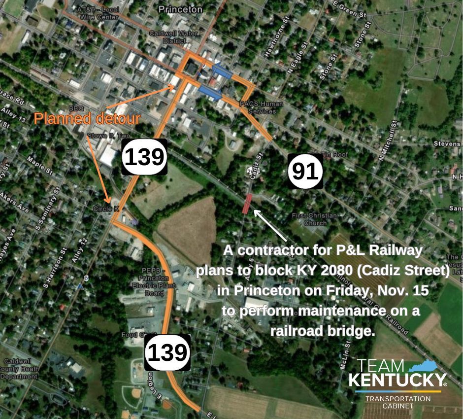 A contractor for P&L Railway plans to block KY 2080 (Cadiz Street) in Princeton on Friday, Nov. 15 to perform maintenance on a  railroad bridge.
