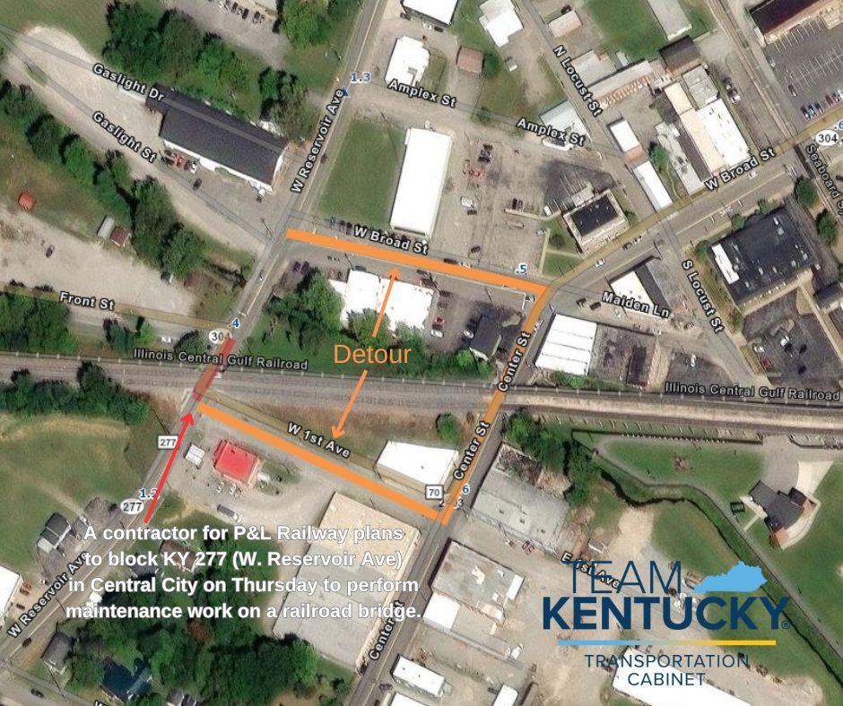 A contractor for P&L Railway plans to block KY 277 (W. Reservoir Ave) in Central City on Thursday to perform maintenance work on a railroad bridge.