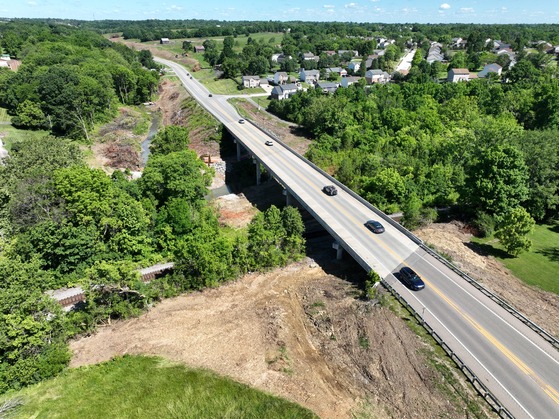 Drone shot showing KY 536 (Bristow Road) near the bridge over Banklick Creek
