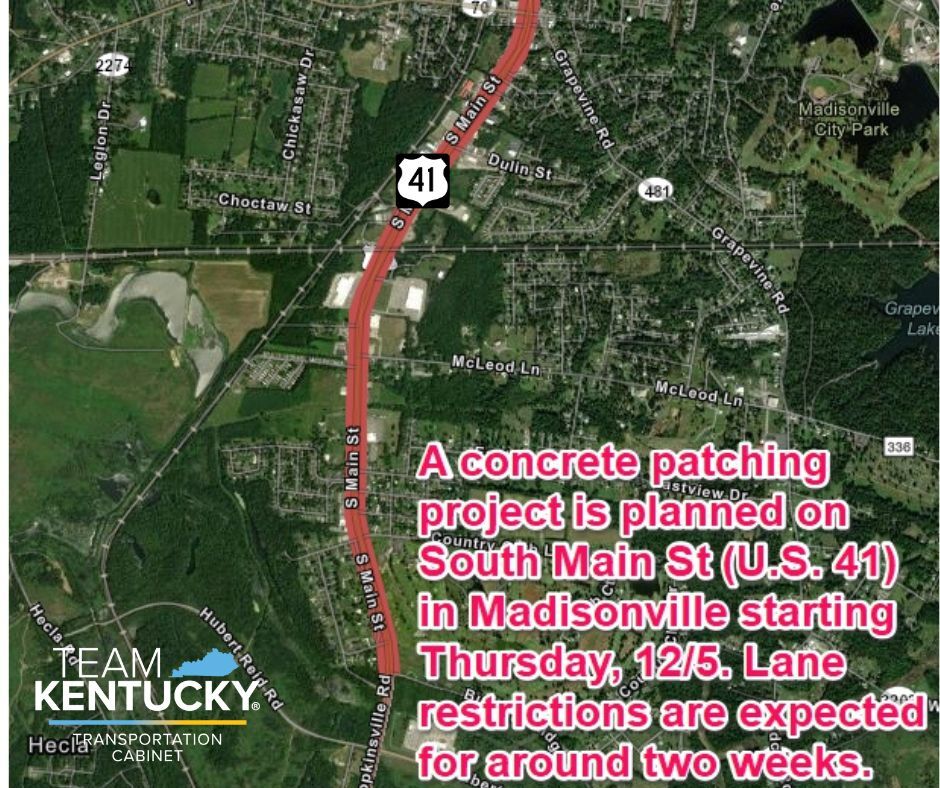 Work planned on South Main Street in Madisonville beginning tomorrow