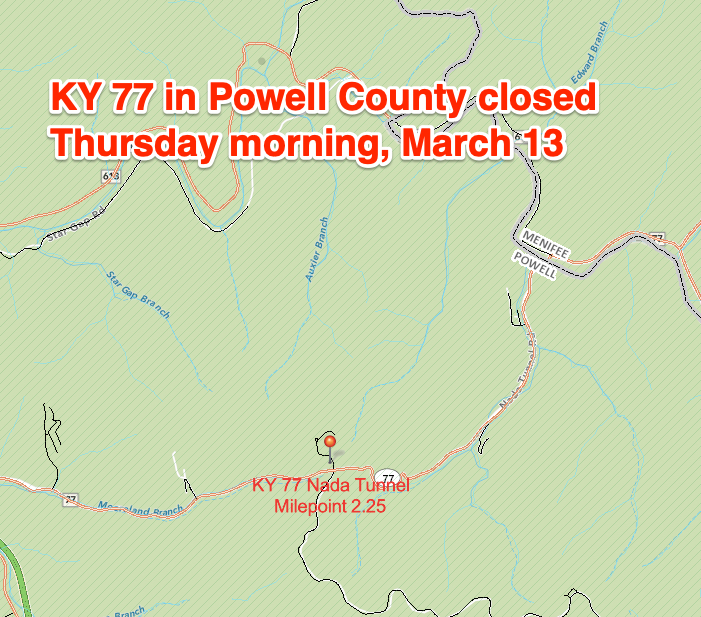 KY 77 Nada Tunnel closure map