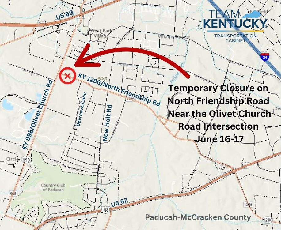 MAP of closure on KY 1286 in McCracken County for Paducah Water repairs