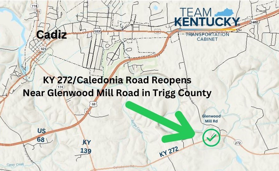 MAP of KY 272 in Trigg County near Glenwood Mill Road where the road reopened following repairs