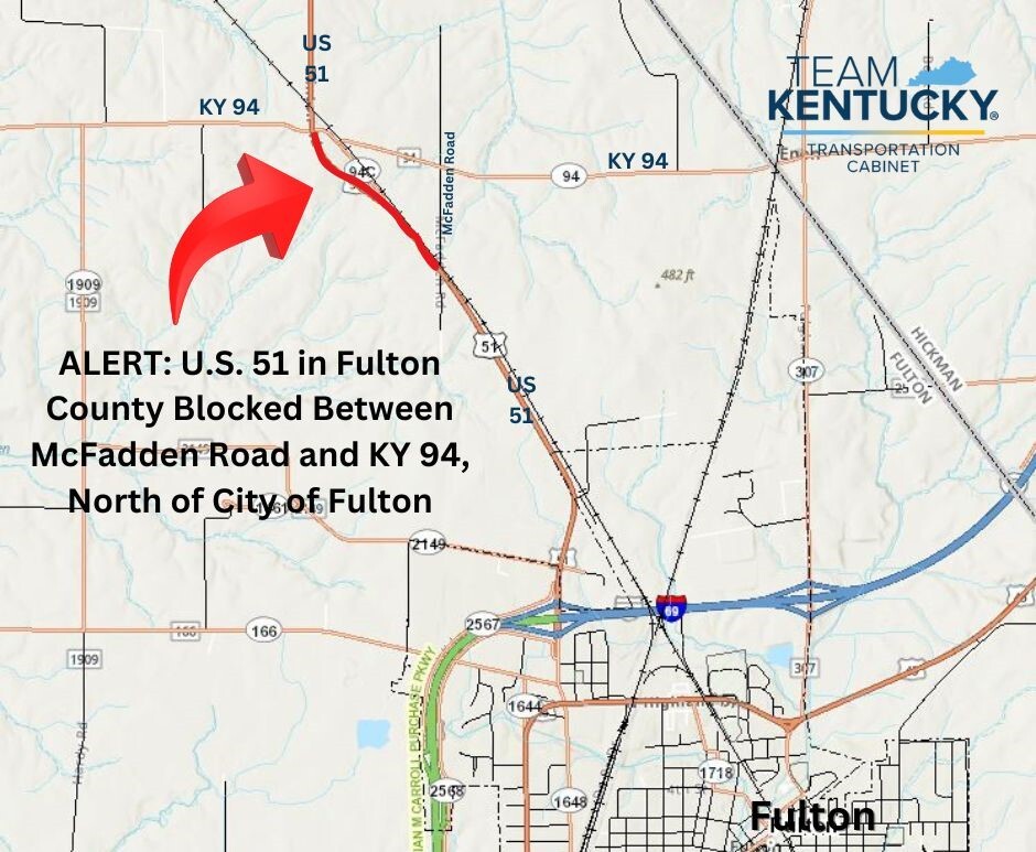 MAP of US 51 in Fulton County Blocked between McFadden Road and KY 94 Due to Crash