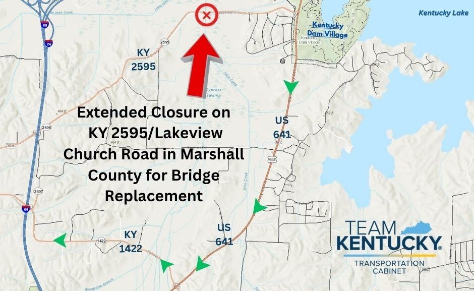 MAP of KY 2595 at mile point 3.3 in Marshall County which will be closed from June 30 to August 30 for bridge construction