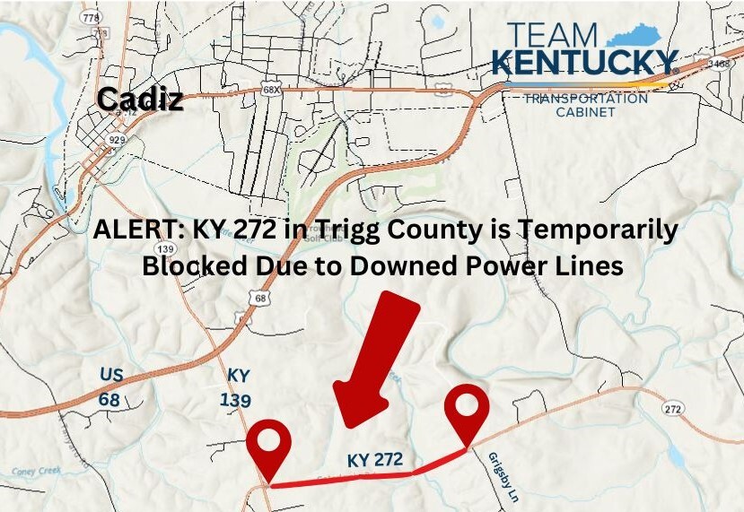 MAP of Ky 272 in Trigg County currently blocked by power lines