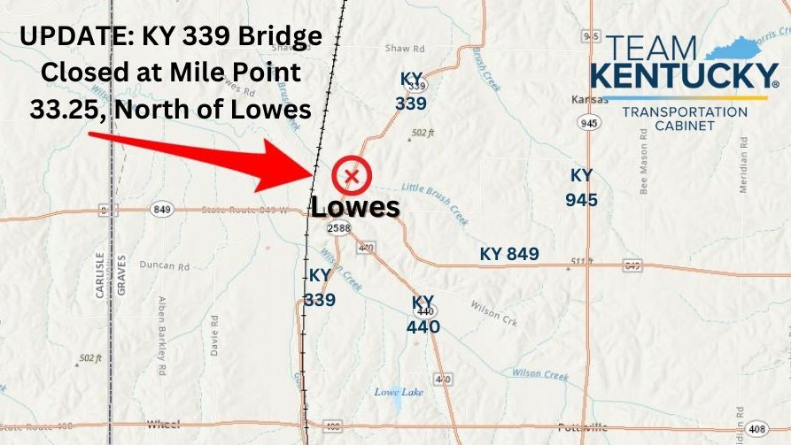 MAP of KY 339 Bridge Closed in Graves County