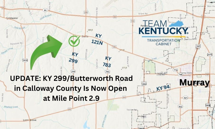 MAP showing KY 299 Has Reopened in Calloway County