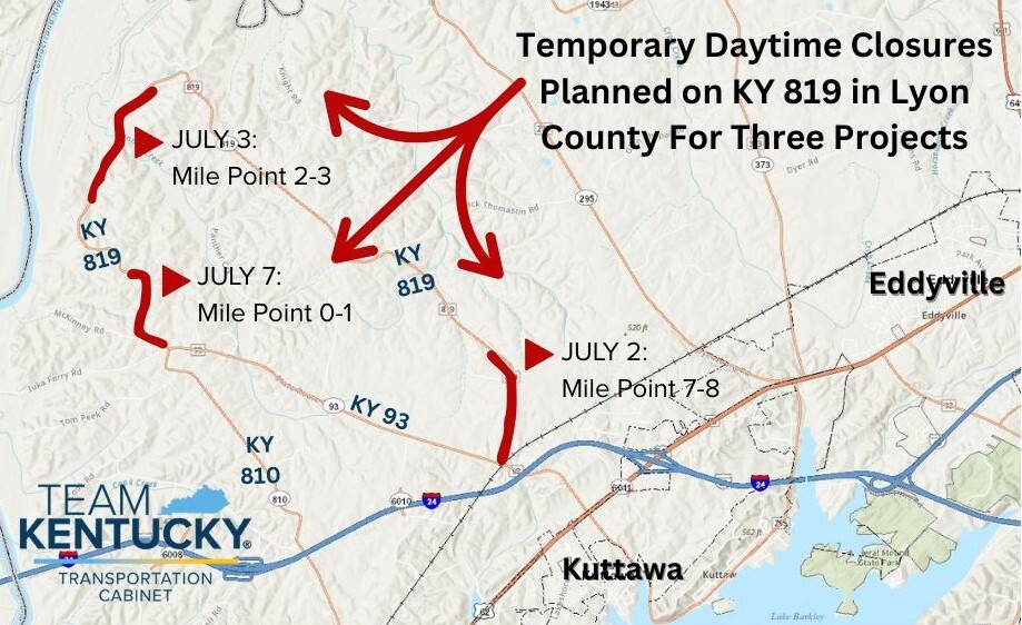 MAP of KY 819 in Lyon County showing closures for 3 projects