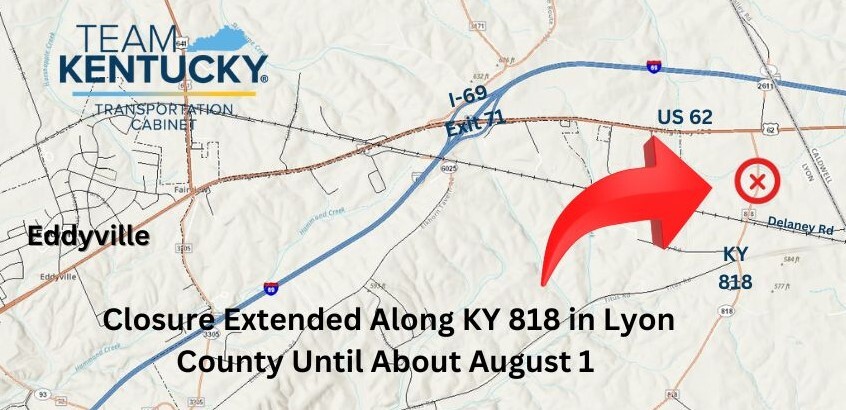 MAP of KY 818 in Lyon County between US 62 and Dulaney Rd - extended closure until Aug 1