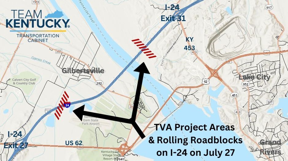 MAP of I-24 between Exits 27 and 31 where TVA will be working on July 27