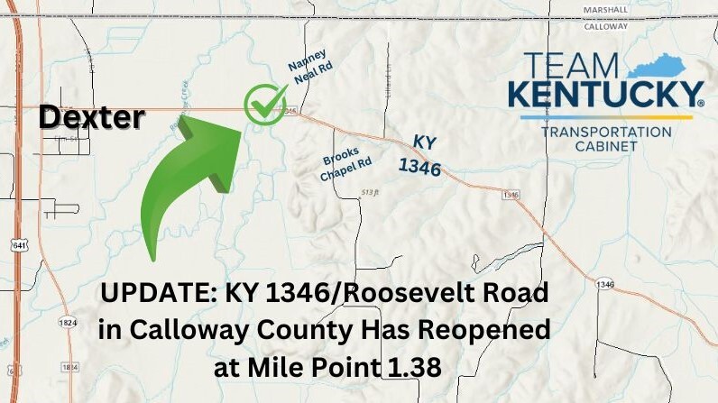 MAP of KY 1346 in Calloway County, east of Dexter, Has Reopened Ahead of Schedule