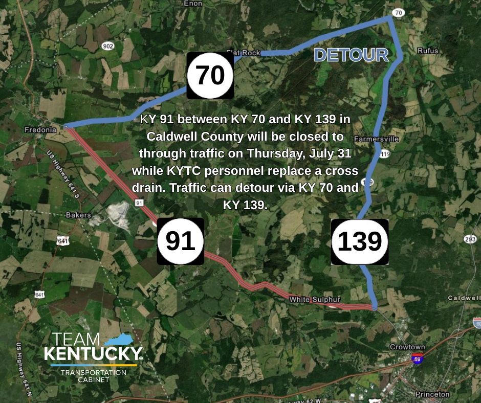 KY 91 will be closed to through traffic on Thursday, July 31.