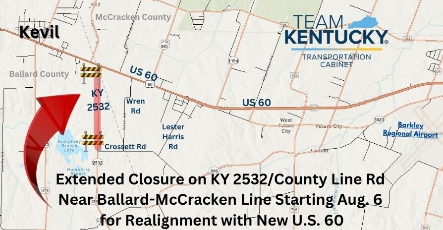 MAP of section of KY 2532-County Line Road closed at Ballard-McCracken Line