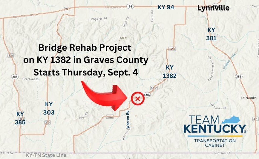 MAP of KY 1382 (Graves Co.); Closure planned at mile point 2.85 due to Bridge Rehab Project.