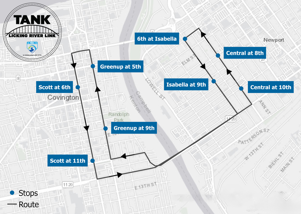 TANK Licking River Link bus stop route map