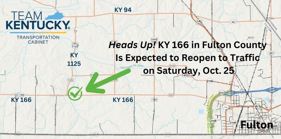 PHOTO of KY 166 in Fulton County; Anticipated Bridge Reopening Saturday 10-25-2025
