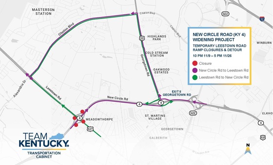 Map of New Circle Road on and off ramp closure detours.