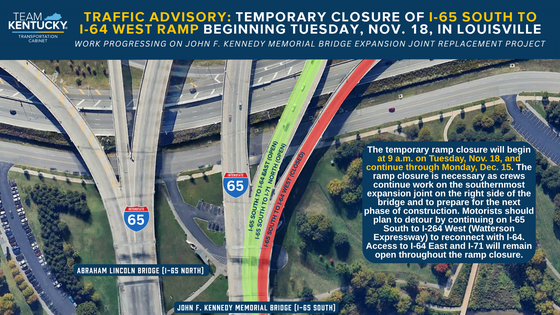 11182025 I-65 South to I-64 West Ramp Closure - Kennedy Bridge - Graphic