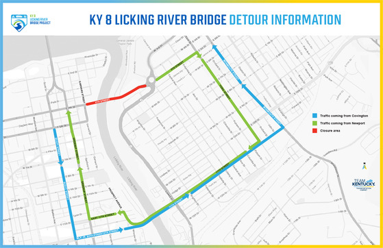 Graphic showing vehicle detour for KY 8 Licking River Bridge