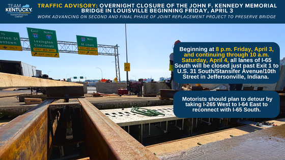 04032026 Overnight Closure of I-65 South (Kennedy Bridge) Graphic