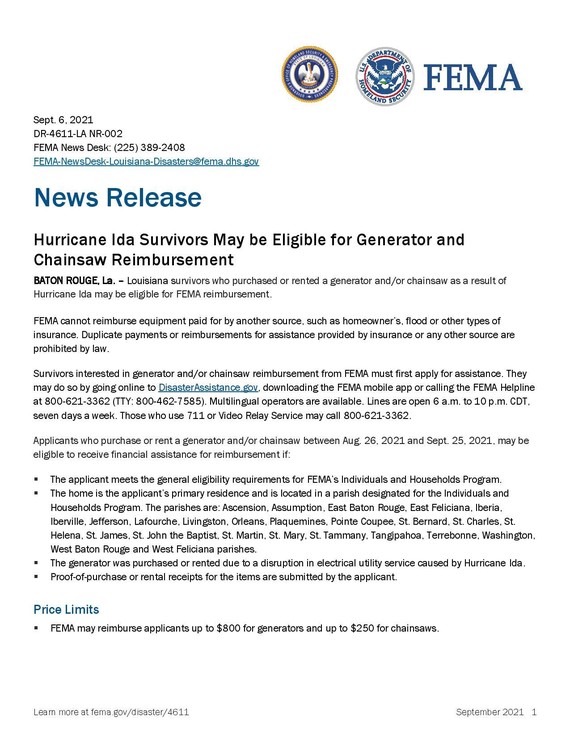 Hurricane Ida Survivors May be Eligible for Generator and Chainsaw