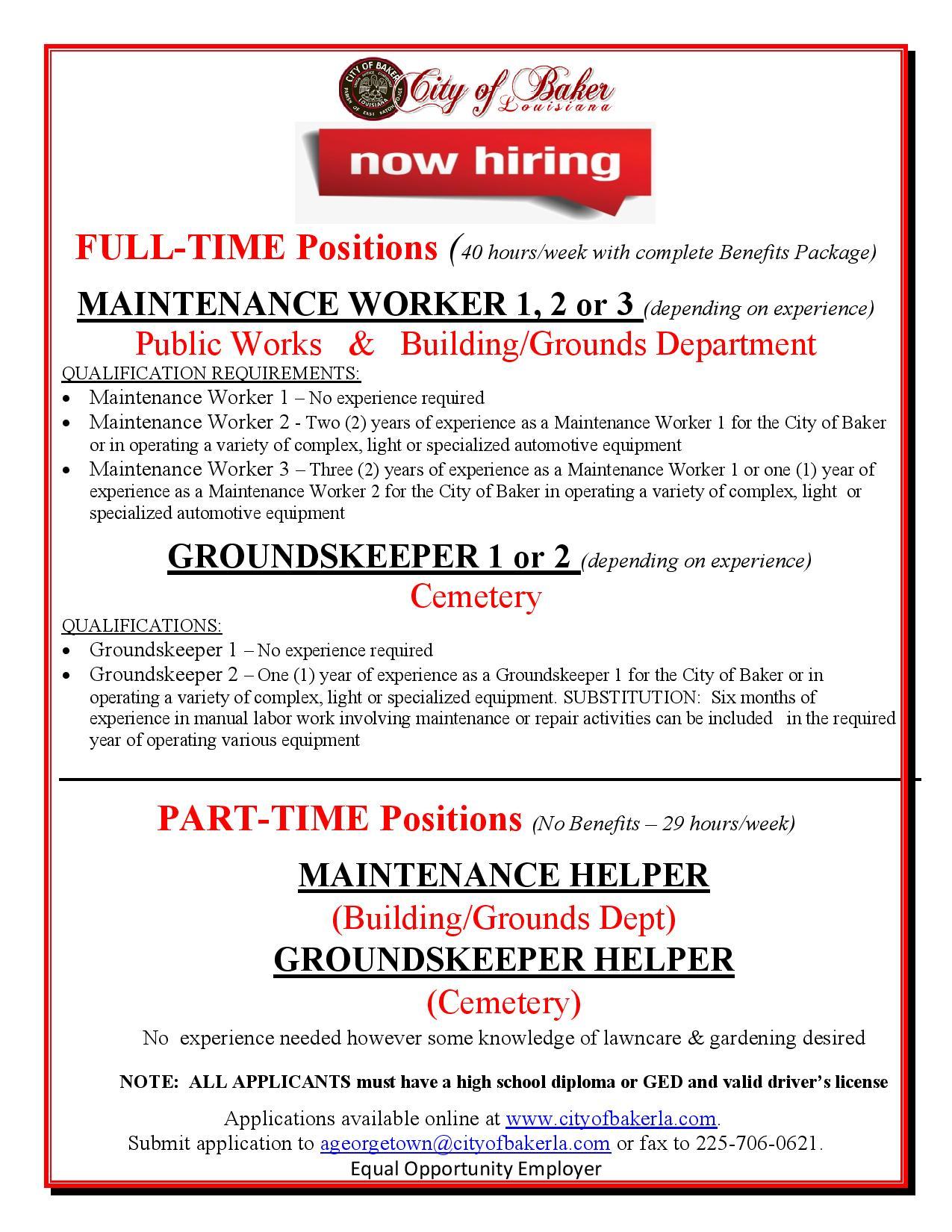 The City of Baker is Now Hiring for FullTime and PartTime Maintenance