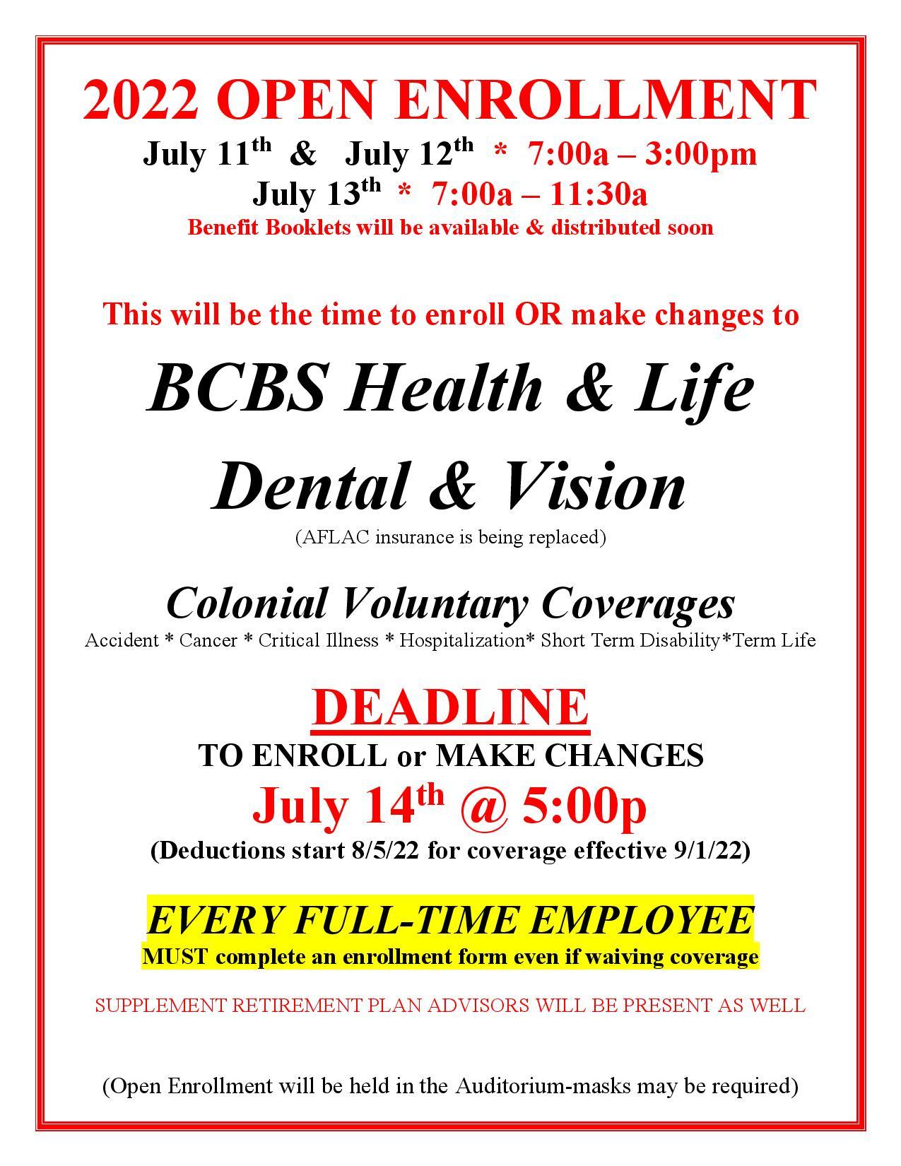 2022 Open Enrollment for BCBS Health, Life, Vision, and Dental