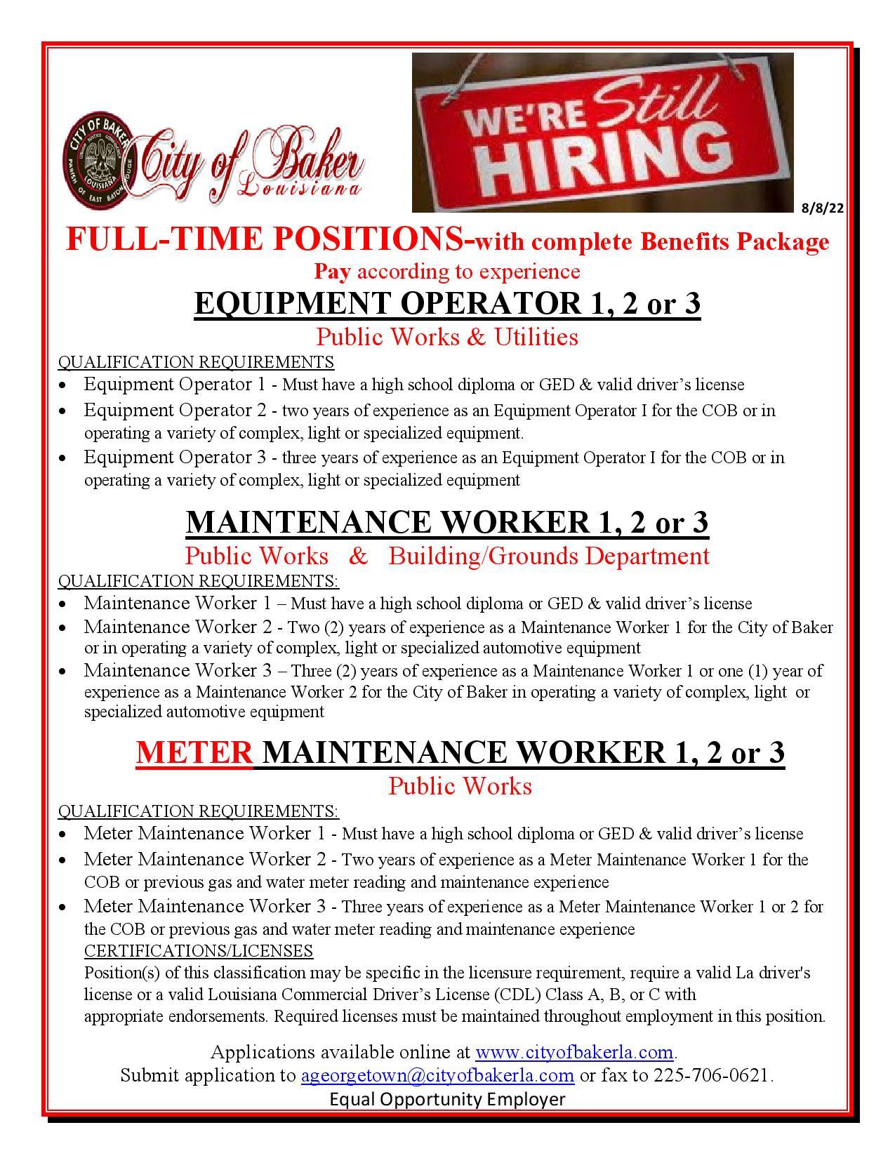 The City of Baker Public Works Department is Hiring for FullTime