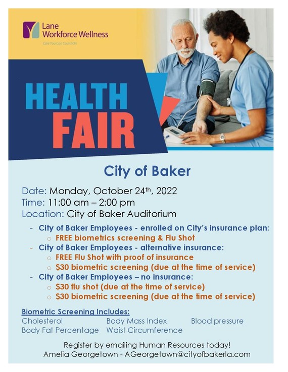 City of Baker Health Fair, October 24, 2022, from 1100 AM 200 PM